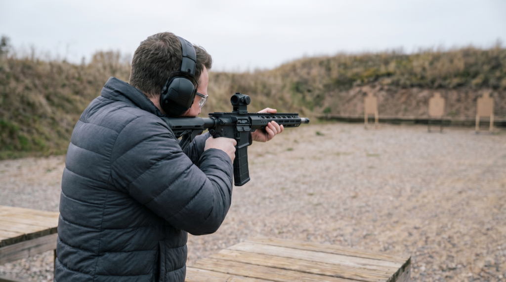 Genesis Arms Gen-12 Review (2026) 30 Three-quarter rear angle of shooter firing the Genesis Arms Gen-12 on an overcast outdoor range