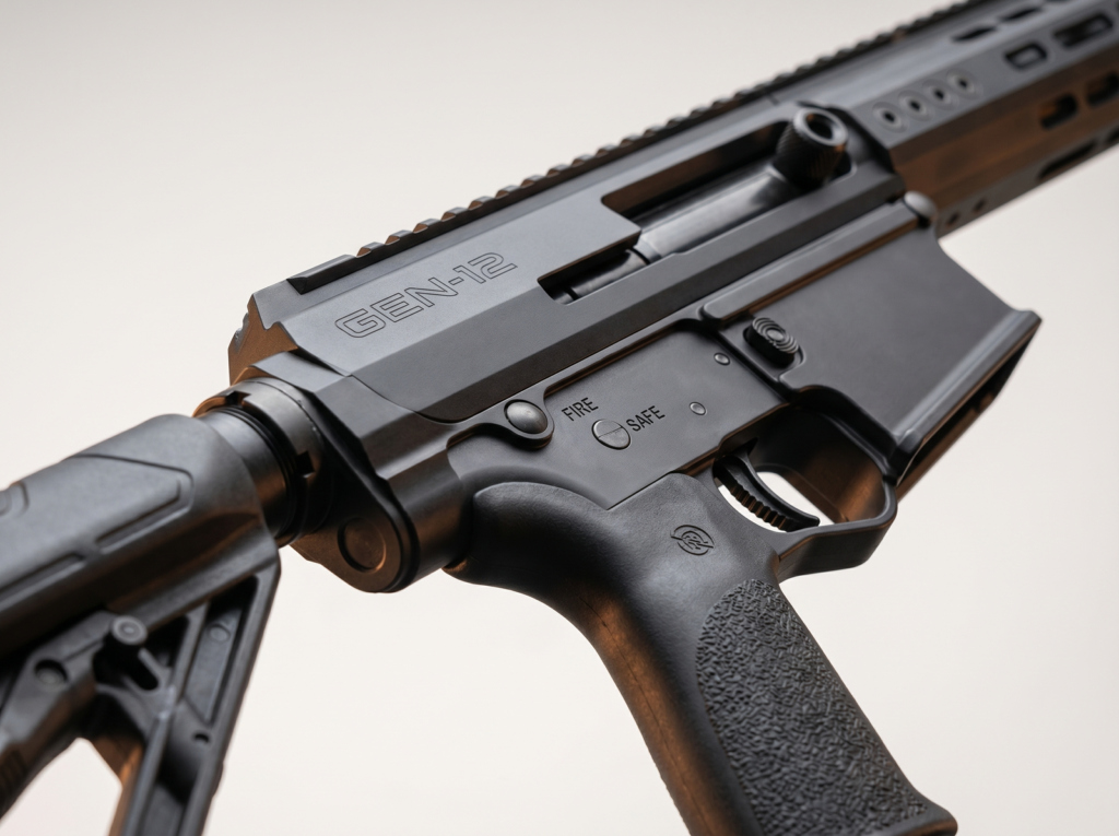 Genesis Arms Gen-12 Review (2026) 27 Macro close-up of the Genesis Gen-12 receiver showing GEN-12 markings, ejection port, FIRE-SAFE selector, and Hogue grip