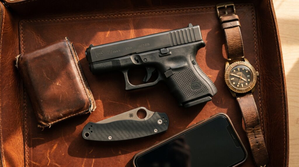 Glock 27 Review (2026): 500 Round Test of the .40 Cal Pocket Rocket 2 Glock 27 Gen 5 .40 S&W subcompact pistol arranged on a hand-stitched dark cognac leather tray with vintage dive watch, brown bifold wallet, folded Spyderco pocket knife, and slim smartphone in warm window daylight