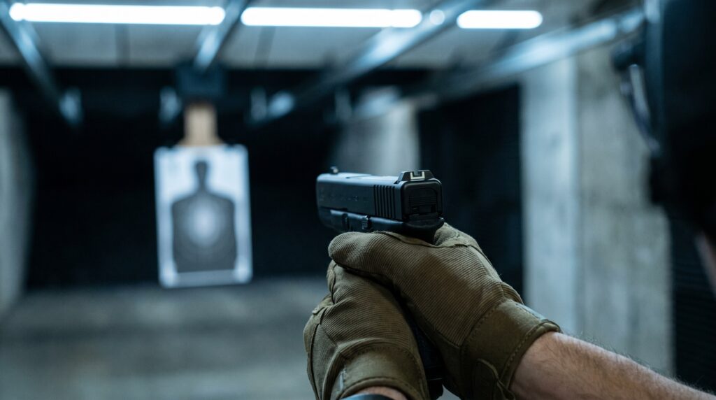 Glock 27 Review (2026): 500 Round Test of the .40 Cal Pocket Rocket 13 First-person shooter perspective of the Glock 27 Gen 5 .40 S&W subcompact pistol in two-handed isosceles grip pointed downrange at a paper silhouette target inside an indoor pistol bay under cool blue-white LED overhead lighting