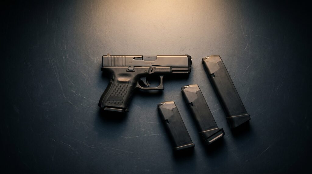 Glock 27 Review (2026): 500 Round Test of the .40 Cal Pocket Rocket 12 Glock 27 Gen 5 .40 S&W subcompact pistol fanned with three Glock OEM magazines on dark slate studio surface: a flush 9-round G27 mag, a 13-round G23 with Pearce extension, and a 15-round G22 full-size magazine under dramatic overhead spot light