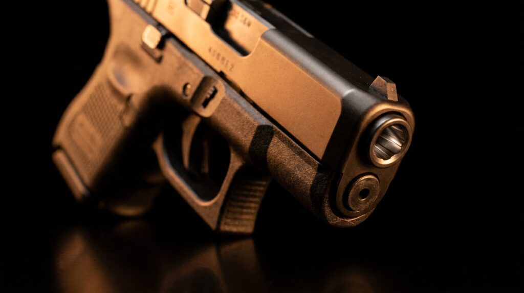 Glock 27 Review (2026): 500 Round Test of the .40 Cal Pocket Rocket 11 Extreme macro close-up of the Glock 27 Gen 5 .40 S&W Marksman barrel crown emerging from the slide with the flared Gen 5 magwell beneath in warm tungsten side-rim light against deep black studio background