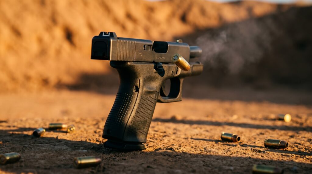 Glock 27 Review (2026): 500 Round Test of the .40 Cal Pocket Rocket 14 Glock 27 Gen 5 .40 S&W subcompact pistol mid-recoil-cycle on an outdoor pistol range at golden hour with a freshly ejected .40 S&W brass case frozen mid-air at the 4 o'clock ejection position above a sand berm