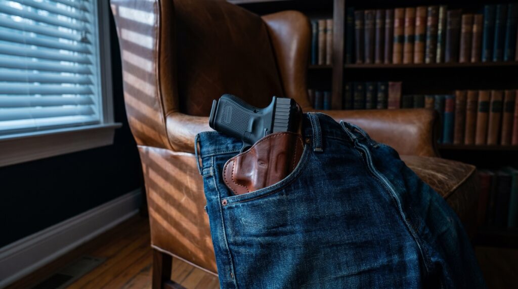 Glock 27 Review (2026): 500 Round Test of the .40 Cal Pocket Rocket 15 Glock 27 Gen 5 .40 S&W subcompact pistol tucked into a leather pocket holster emerging from the front pocket of worn dark blue selvedge denim jeans draped across a cognac leather wingback chair inside a dim residential study at late dusk
