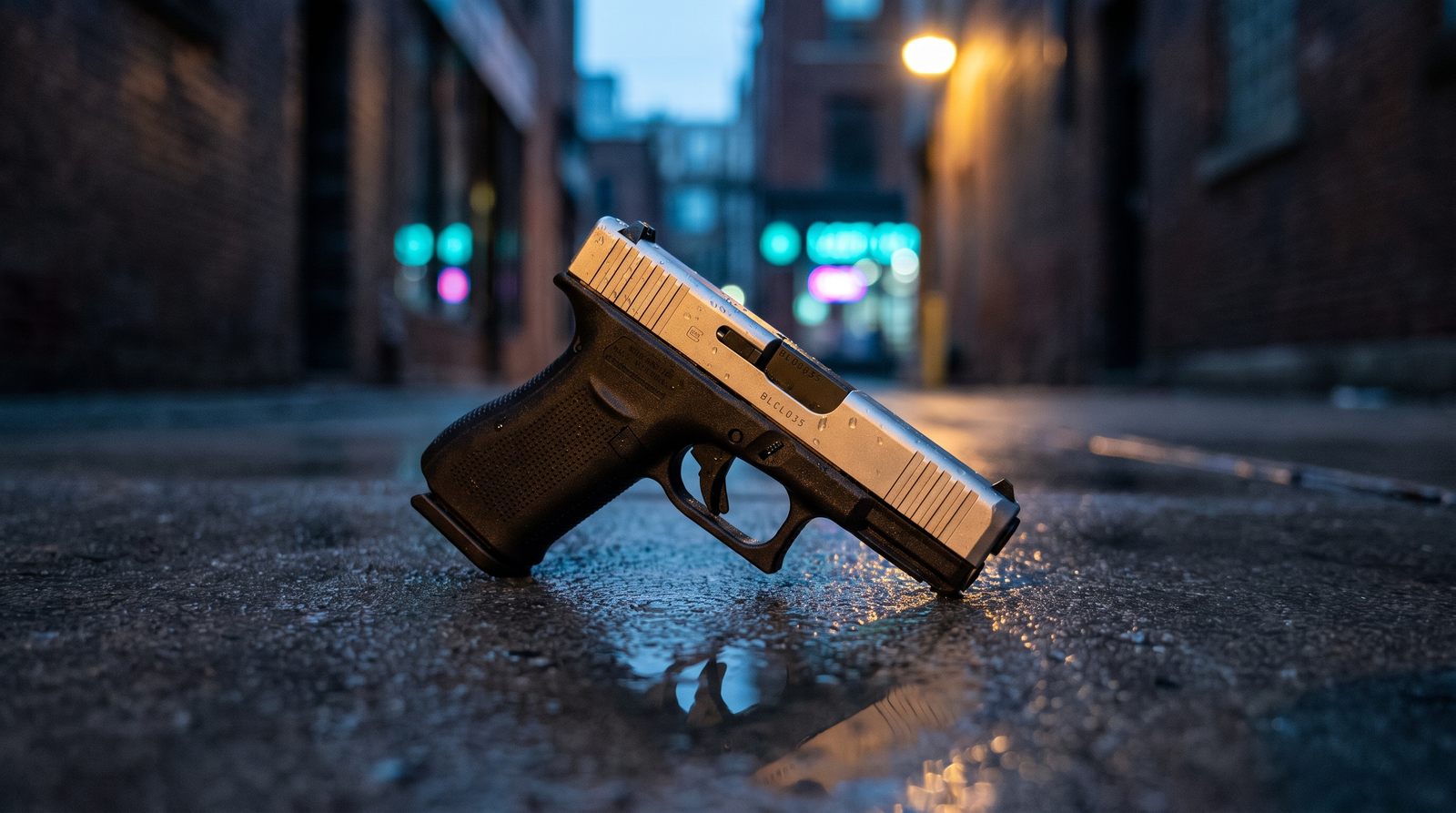 Glock 43X slimline pistol on wet city concrete at blue hour, the platform these parts fit