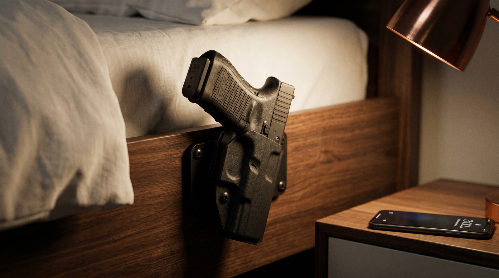 Best Gun Magnets and Quick-Access Mounts (2026) 19 Cinematic editorial photograph of black Glock 19 Gen 6 9mm pistol secured in a black Kydex Crossbreed Bedside Backup holster mount screwed to the wooden side rail of a dark walnut bed frame with grip angled outward at natural draw angle, white linen sheets, smartphone showing lock screen on nightstand and dim warm tungsten copper bedside lamp
