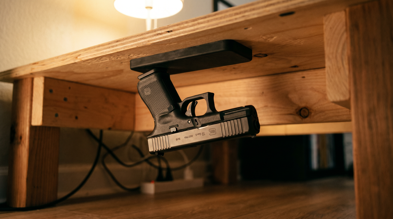Best Gun Magnets and Quick-Access Mounts (2026) 16 Cinematic editorial photograph of black Glock 19 Gen 6 9mm pistol held securely upside-down by its slide to a black rubber-coated rectangular Magna-Arm style gun magnet mount which is screw-mounted to the underside of a wooden home-office desk demonstrating the quick-access staging concept with warm tungsten desk-lamp light visible above