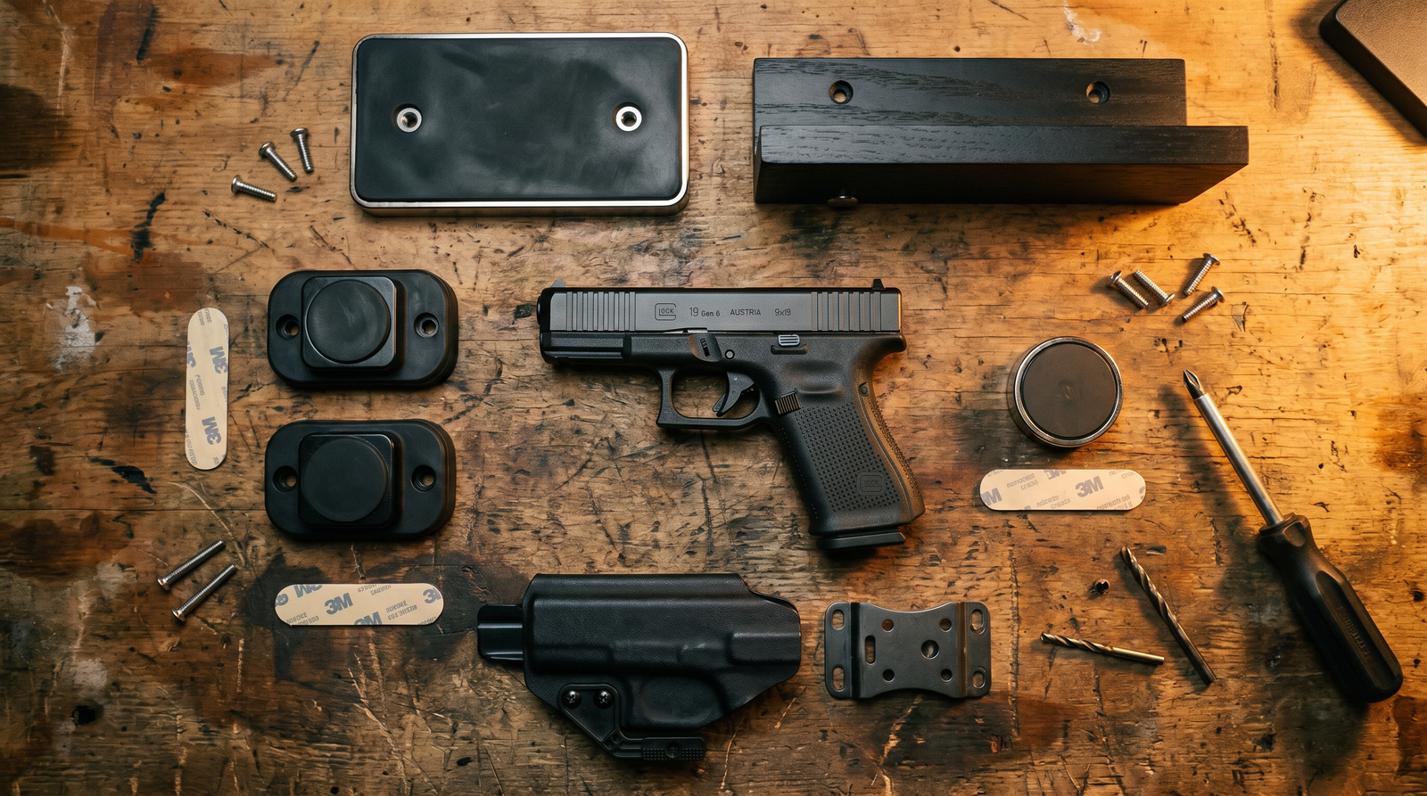 Top-down editorial flat-lay on a weathered wooden gunsmith workbench of six different quick-access gun mount products — Magna-Arm rubber-coated magnet, StealthShelf hidden-shelf mount, two generic black neodymium magnet mounts, a Lockdown safe-interior magnet, and a Crossbreed Bedside Backup Kydex holster — with a black Glock 19 Gen 6 9mm pistol staged horizontally for scale alongside mounting screws, 3M adhesive strips, a Phillips screwdriver and a small drill bit under warm tungsten workbench lamp