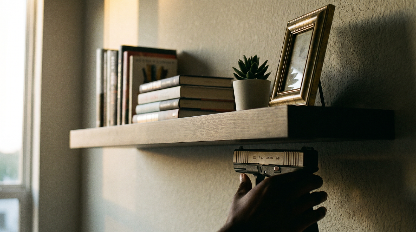 Best Gun Magnets and Quick-Access Mounts (2026) 17 Cinematic photograph of wall-mounted wooden floating shelf in modern living room with books, succulent plant and brass picture frame staged on top appearing as ordinary decor with a hand reaching for a partially-visible black Glock 19 pistol held by hidden magnets to the underside of the shelf — concealment plus quick-access in one product