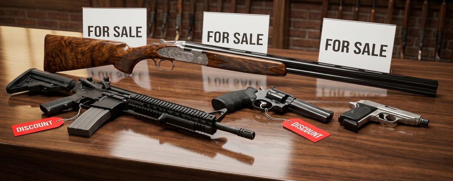 Four discounted firearms on a gun shop counter with FOR SALE placards and red DISCOUNT price tags — weekly deals showcase featuring a Beretta over-under shotgun, Griffin Armament AR-15, Manurhin MR73 revolver, and Walther PPK/S pistol