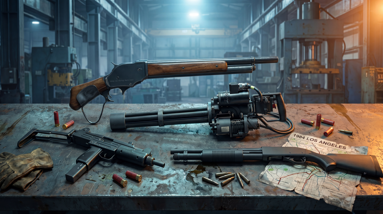 Iconic Terminator and Terminator 2 firearms — Winchester Model 1887 lever-loop shotgun, GE M134 minigun, Uzi 9mm, and tactical Remington 870 — arranged on industrial steel workbench under cold blue and sodium orange light recreating the Skynet factory aesthetic