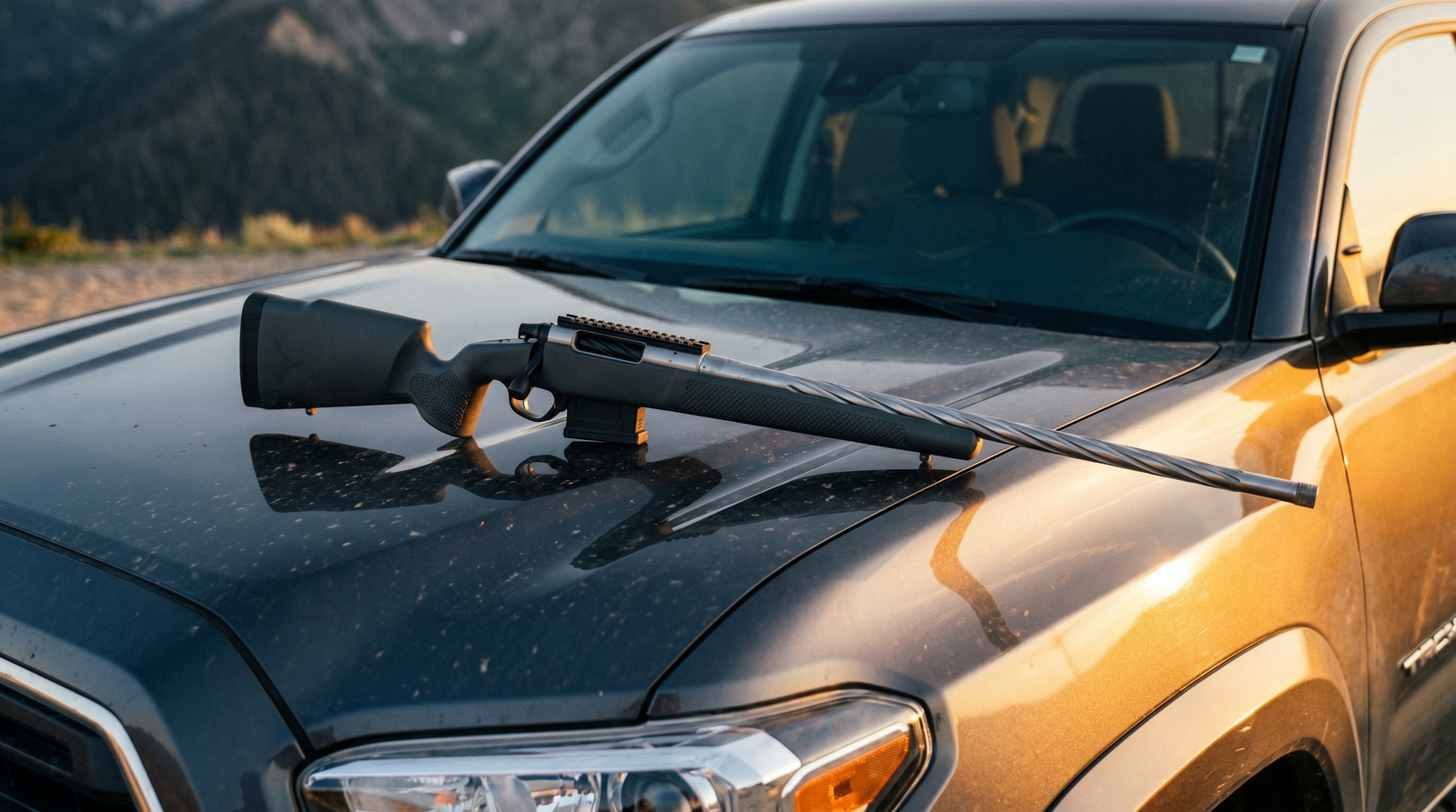 Seekins Precision Havak PH2 Review (2026): 500 Round Test of the Premium Hunting Bolt Gun 2 Seekins Precision Havak PH2 bolt-action rifle laid across the hood of a dark grey pickup truck at a remote gravel pullout in mountain country at golden hour