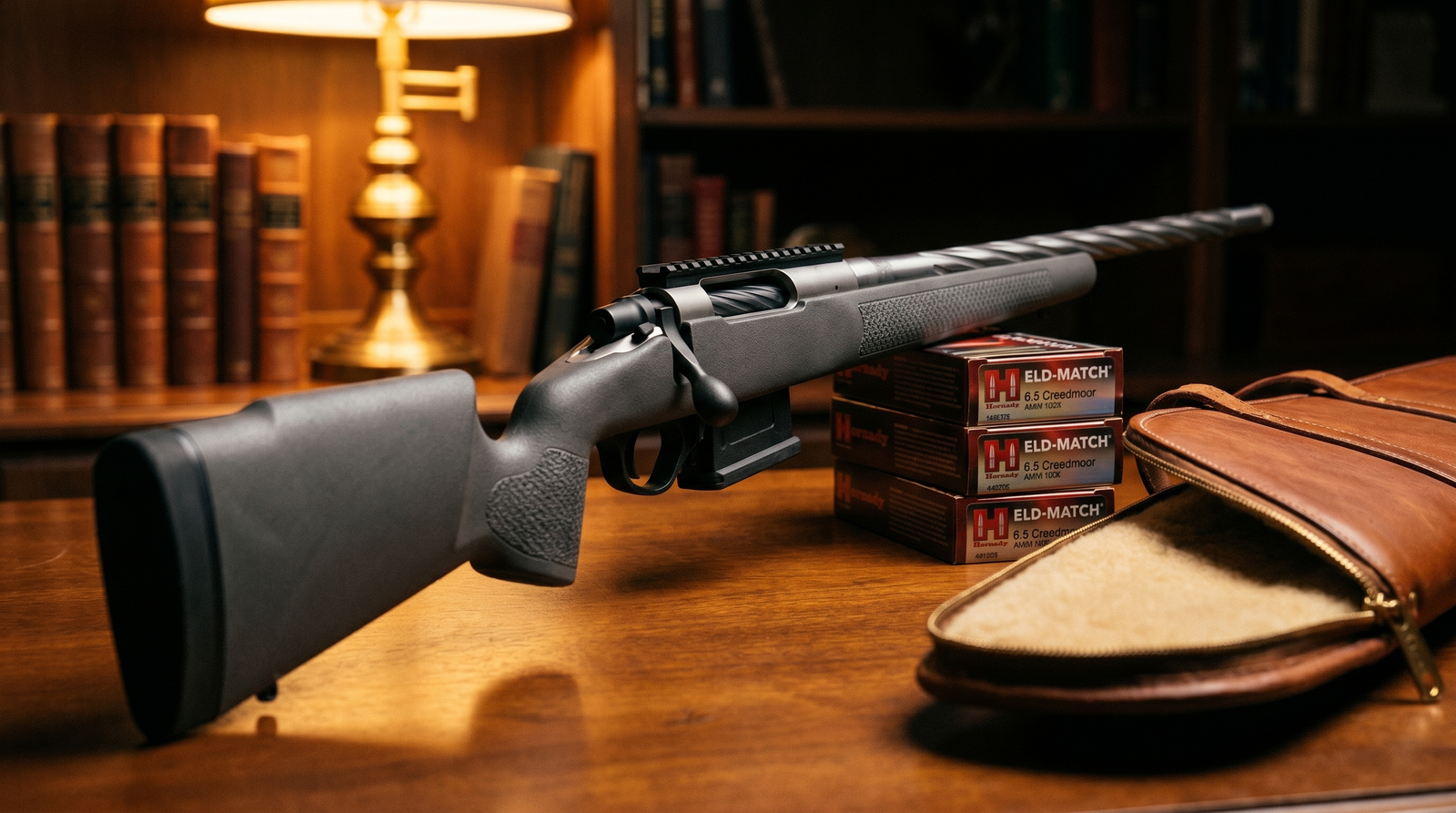 Seekins Precision Havak PH2 Review (2026): 500 Round Test of the Premium Hunting Bolt Gun 3 Seekins Precision Havak PH2 charcoal gray hunting rifle on a wooden gun-room library desk with leather-bound books, brass desk lamp, and three boxes of Hornady ELD-Match 6.5 Creedmoor ammunition under warm tungsten light