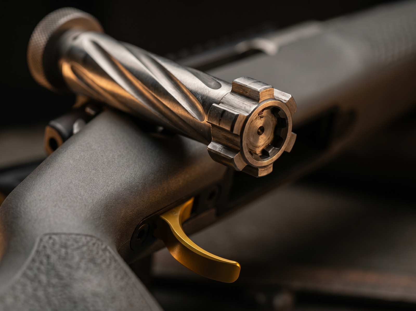 Seekins Precision Havak PH2 Review (2026): 500 Round Test of the Premium Hunting Bolt Gun 4 Macro detail of the Seekins Havak PH2 spiral-fluted 4-lug bolt face and gold-anodized Timney Elite Hunter trigger with charcoal gray Cerakote receiver in background
