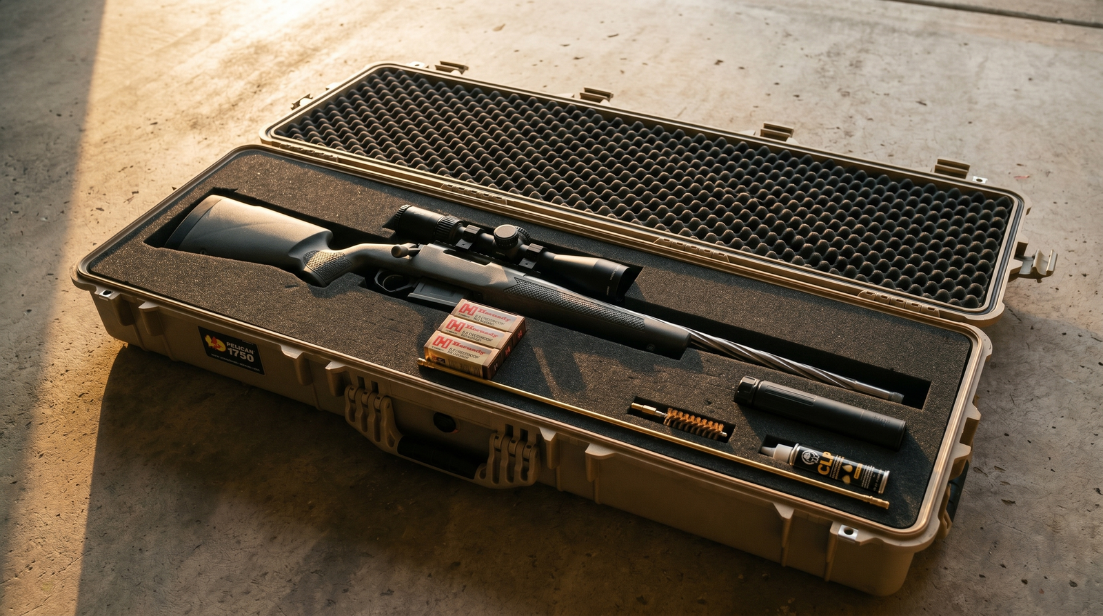 Seekins Precision Havak PH2 Review (2026): 500 Round Test of the Premium Hunting Bolt Gun 7 Seekins Havak PH2 in opened tan Pelican hard case with mounted Vortex Viper PST scope, three boxes of Hornady ELD-Match 6.5 Creedmoor ammo, Dead Air Nomad suppressor, brass cleaning rod, and CLP oil on concrete garage floor at golden hour