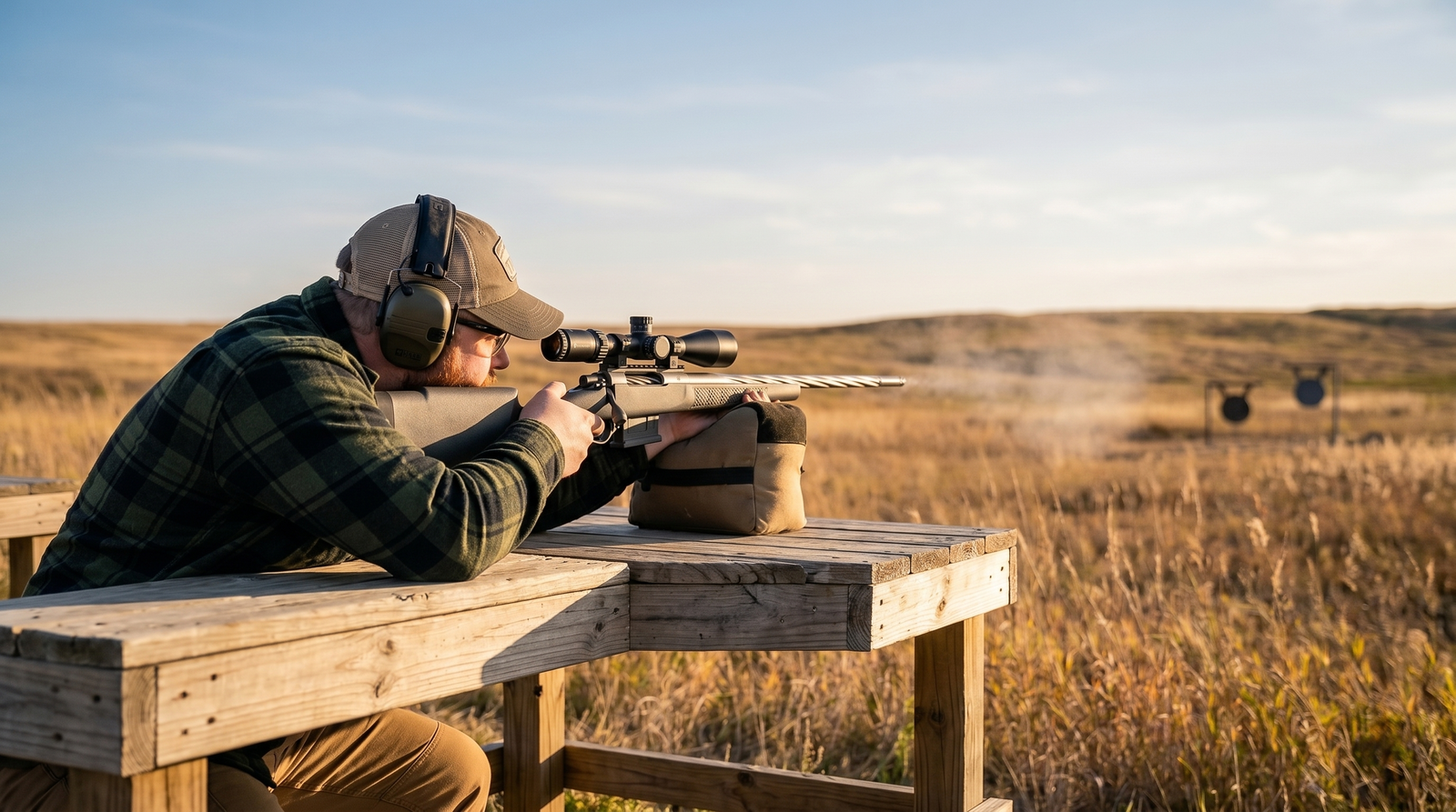 Seekins Precision Havak PH2 Review (2026): 500 Round Test of the Premium Hunting Bolt Gun 5 Shooter in green plaid jacket prone behind sandbag rest shooting Seekins Havak PH2 at outdoor 1000-yard prairie range bench at golden hour with distant steel gong silhouettes