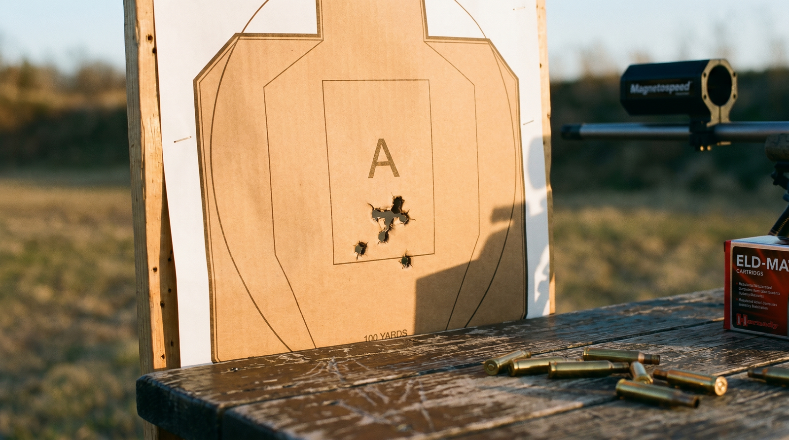 Seekins Precision Havak PH2 Review (2026): 500 Round Test of the Premium Hunting Bolt Gun 6 IPSC silhouette paper target with tight sub-MOA 5-shot group from Seekins Havak PH2 6.5 Creedmoor at 100 yards with brass casings and Hornady ELD-Match cartridge box on a weathered wooden bench at golden hour