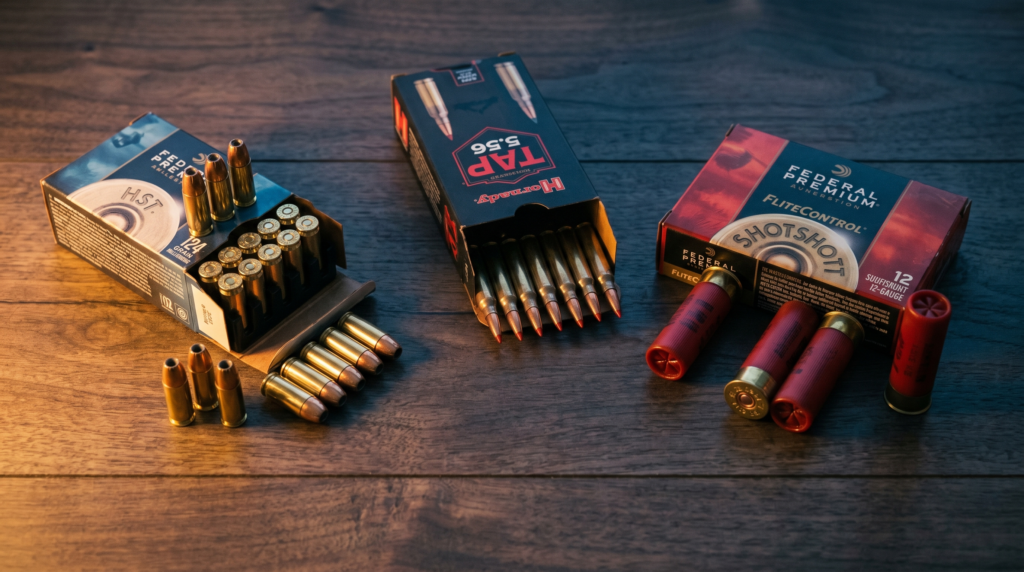 Home Defense 3-Gun Kit (2026): Complete Setup from 1000 to 5000 11 Defensive ammunition for a home defense 3-gun kit: Federal Premium HST 9mm 124 grain hollowpoint box with scattered brass-cased cartridges, Hornady TAP 5.56 box with polymer-tipped cartridges, and Federal Premium FliteControl 00 buckshot 12-gauge shells on dark walnut wood