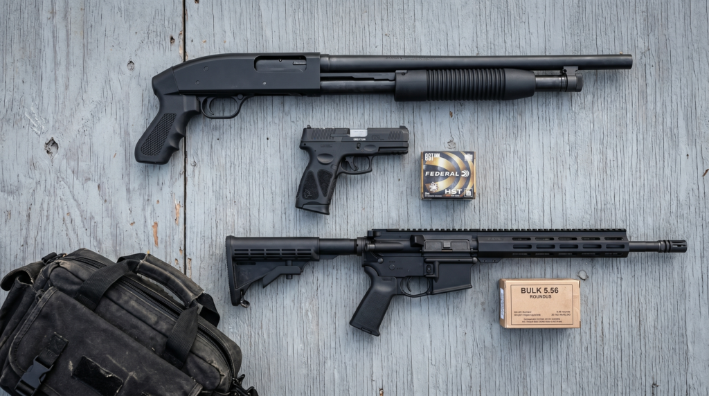 Home Defense 3-Gun Kit (2026): Complete Setup from 1000 to 5000 7 Budget home defense 3-gun kit flatlay: Mossberg Maverick 88 pump shotgun, Taurus G3 9mm compact pistol, and a budget AR-15 with M-LOK handguard on weathered grey plywood with Federal HST and bulk 5.56 boxes