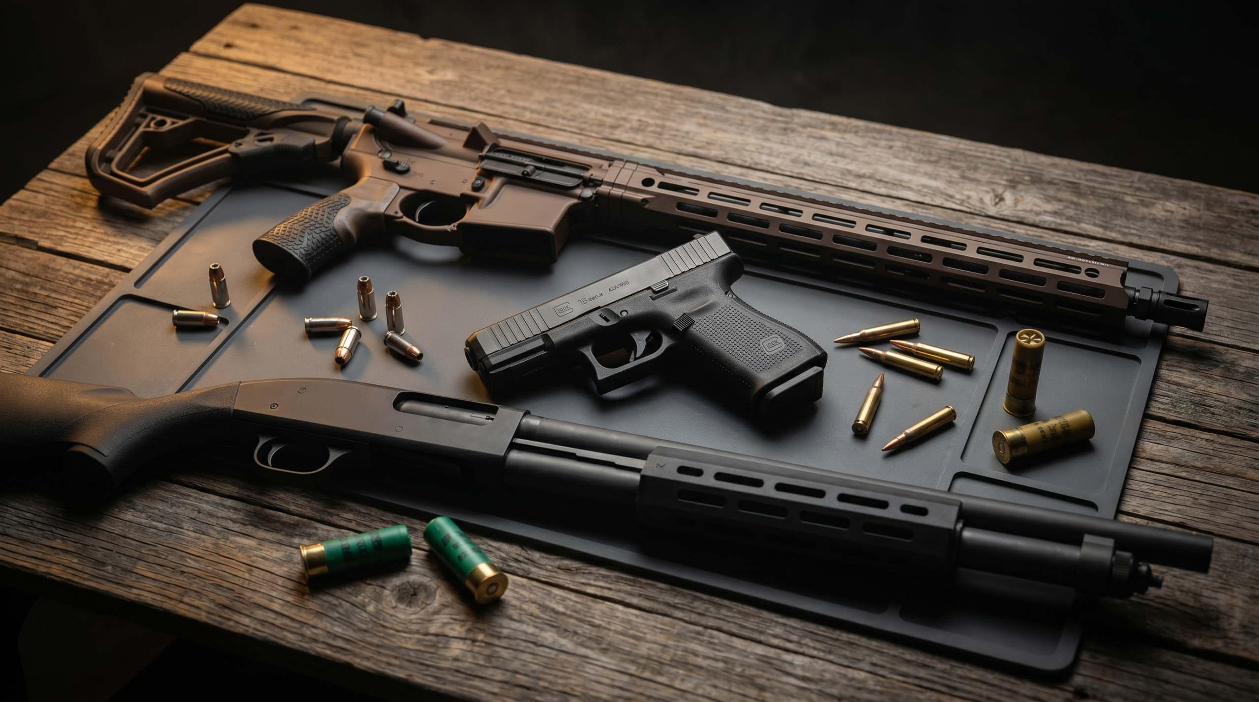 Home Defense 3-Gun Kit (2026): Complete Setup from 1000 to 5000 1 Home defense 3-gun kit hero composite: Daniel Defense DDM4 V7 AR-15, Glock 19 Gen 6 9mm pistol, and Mossberg 590A1 12-gauge pump shotgun on a dark grey tactical mat with scattered defensive 9mm, 5.56, and 12-gauge ammunition
