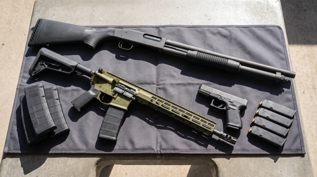 Home Defense 3-Gun Kit (2026): Complete Setup from 1000 to 5000 8 Mid-range home defense 3-gun kit flatlay: Mossberg 590A1 9-shot pump shotgun, Aero Precision M4E1 AR-15 in OD green, and Glock 19 Gen 6 with P-MAG 30s and Glock magazines on a charcoal range mat
