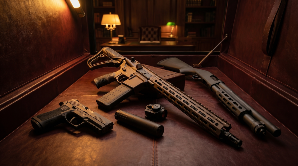 Home Defense 3-Gun Kit (2026): Complete Setup from 1000 to 5000 9 Premium home defense 3-gun kit displayed in an open premium gun safe: Daniel Defense DDM4 V7 mil-spec brown AR-15, Sig Sauer P320 X-Carry 9mm pistol with optic, Mossberg 590A1 pump shotgun, suppressor and red dot optic visible on oxblood leather