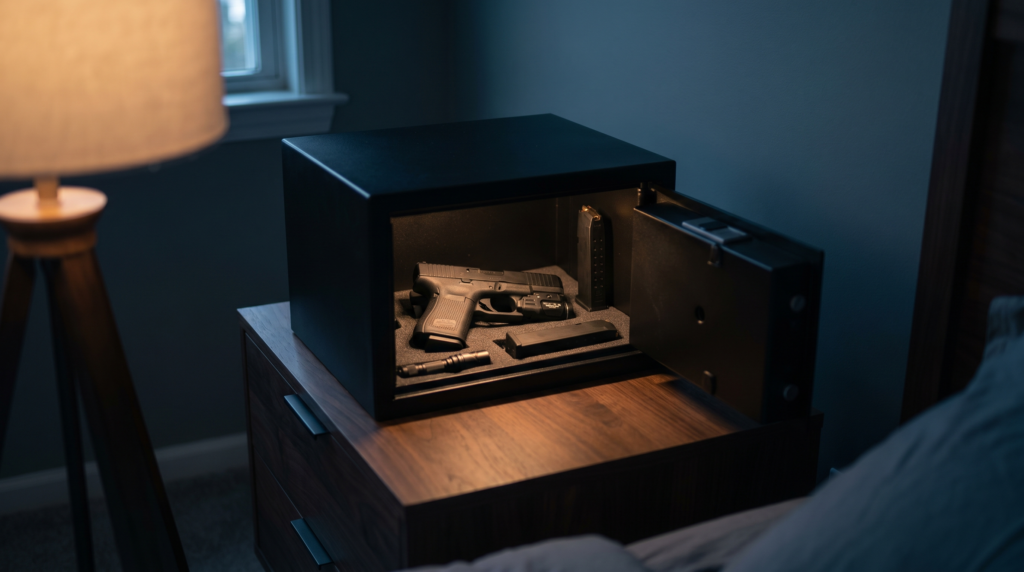 Home Defense 3-Gun Kit (2026): Complete Setup from 1000 to 5000 10 Open quick-access biometric pistol safe on a dark walnut nightstand at night, 9mm pistol with weapon light and spare magazine visible inside the safe interior softly illuminated by built-in LED with bedroom lamp glow in the background