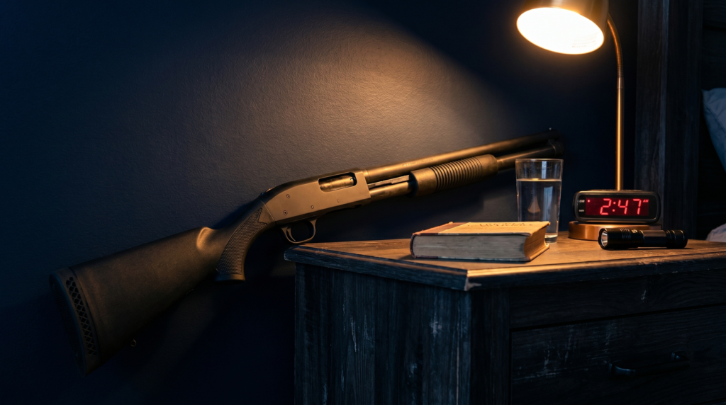 Mossberg Maverick 88 Security 12 gauge pump shotgun beside dark wood bedroom nightstand at 2:47 AM with warm tungsten lamp light