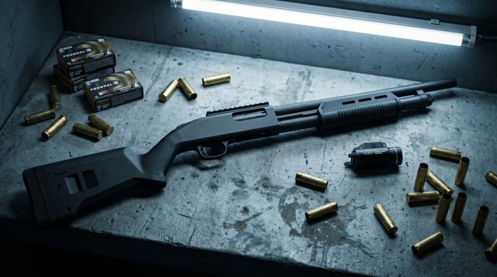 Mossberg 500 Tactical 12 gauge pump shotgun on cold concrete tactical bay workbench with scattered brass and Federal buckshot boxes