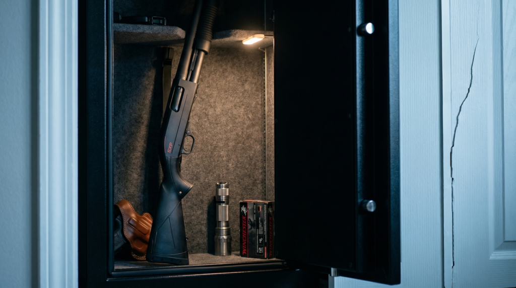 Winchester SXP Defender 12 gauge pump shotgun inside open biometric long-gun safe at dawn with cool blue-grey morning light