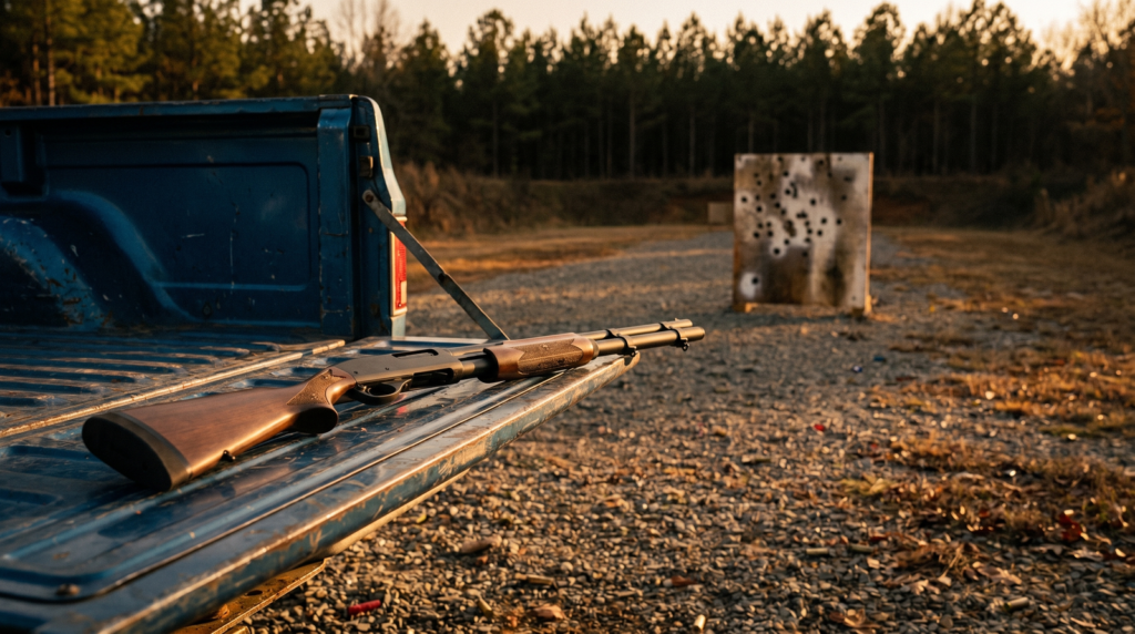 Remington 870 Express Tactical 12 gauge pump shotgun on blued pickup tailgate at golden hour with pattern board in distant bokeh