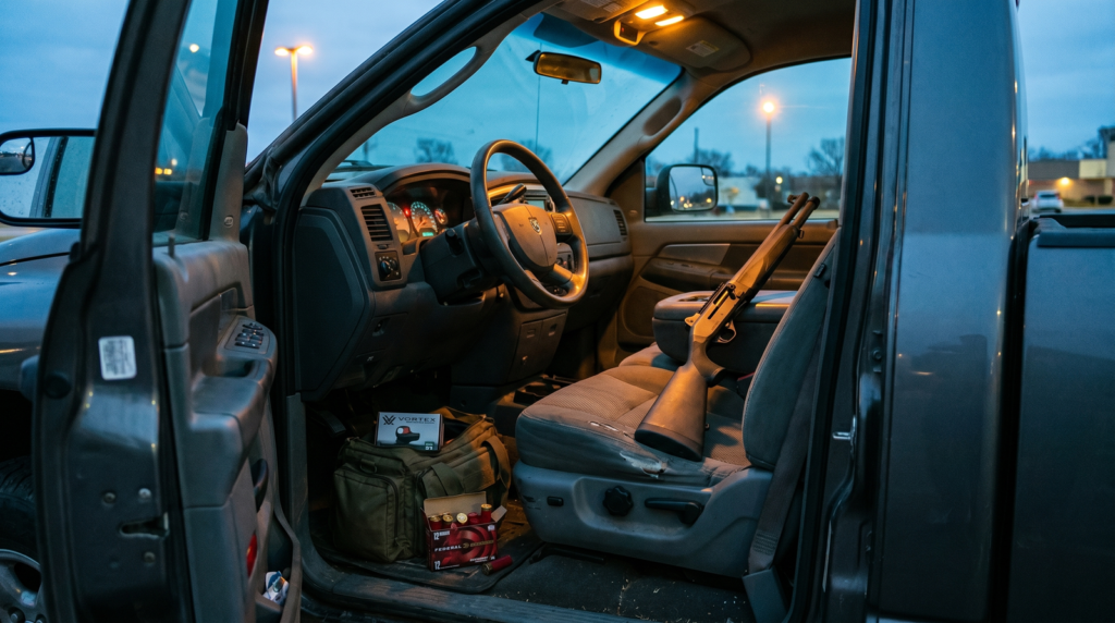 Stoeger M3000 Defense semi-auto 12 gauge shotgun diagonal on passenger seat of dark grey pickup truck cab at dusk with canvas range bag