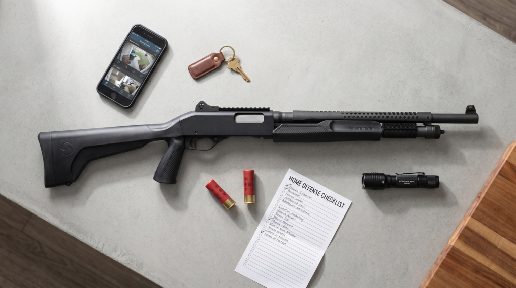 Stevens 320 Security 12 gauge pump shotgun with heat shield top-down flat-lay on light grey concrete kitchen counter with smartphone keys ammo and flashlight