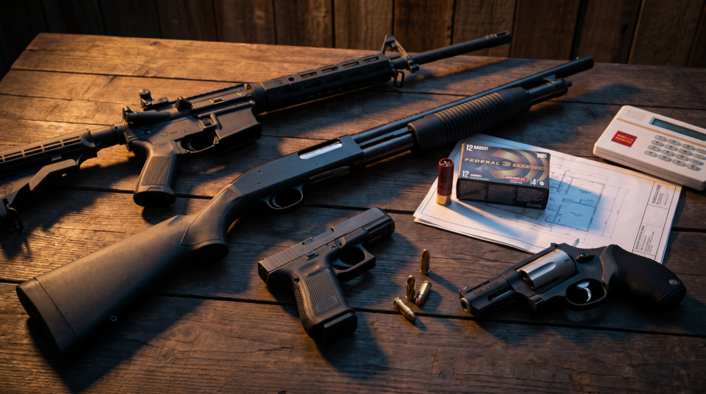 Best Home Defense Guns That Won't Over-Penetrate (2026): 8 Picks Tested Against the Research 11 Editorial flat-lay of AR-15 carbine 12 gauge pump shotgun 9mm pistol and .410 revolver arranged on weathered walnut table at dusk with Federal Premium 12 gauge buckshot box interior wall blueprint and home alarm panel keypad