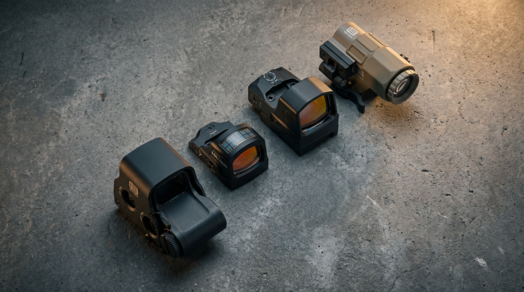 8 Best Holographic Sights in 2026: Tested and Ranked 11 Best holographic sights 2026: editorial composite of EOTech EXPS3-0, Vortex AMG UH-1 Gen II, Holosun AEMS, and Sig Sauer Romeo8T on concrete