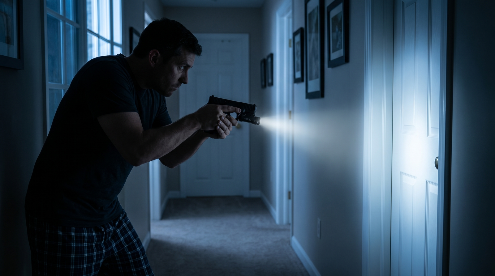 Home Defense Room Clearing: What Civilians Need to Know 1 Civilian homeowner moving through a dark suburban hallway at night with a weapon-mounted light on a defensive handgun, demonstrating proper home defense room clearing technique with the light illuminating a closed door ahead and cold moonlight from a window