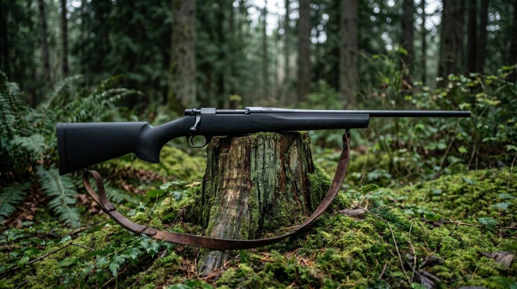 Howa 1500 Review (2026): 500 Round Test of the Hidden Gem in Budget Precision 6 Howa 1500 6.5 Creedmoor bolt-action rifle with black Hogue overmolded synthetic stock and brown leather sling resting on a moss-covered cedar stump in a Pacific Northwest forest under overcast diffused daylight with ferns and moss in soft background bokeh
