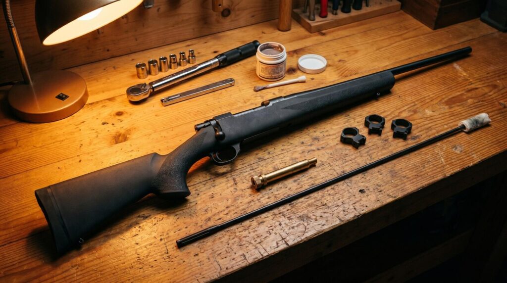 Howa 1500 Review (2026): 500 Round Test of the Hidden Gem in Budget Precision 5 Howa 1500 6.5 Creedmoor bolt-action rifle with black Hogue overmolded synthetic stock on a worn pine workbench surrounded by an action wrench, bedding compound, scope rings, bore guide, cleaning rod, and 6.5 Creedmoor cartridges under warm tungsten task lamp light