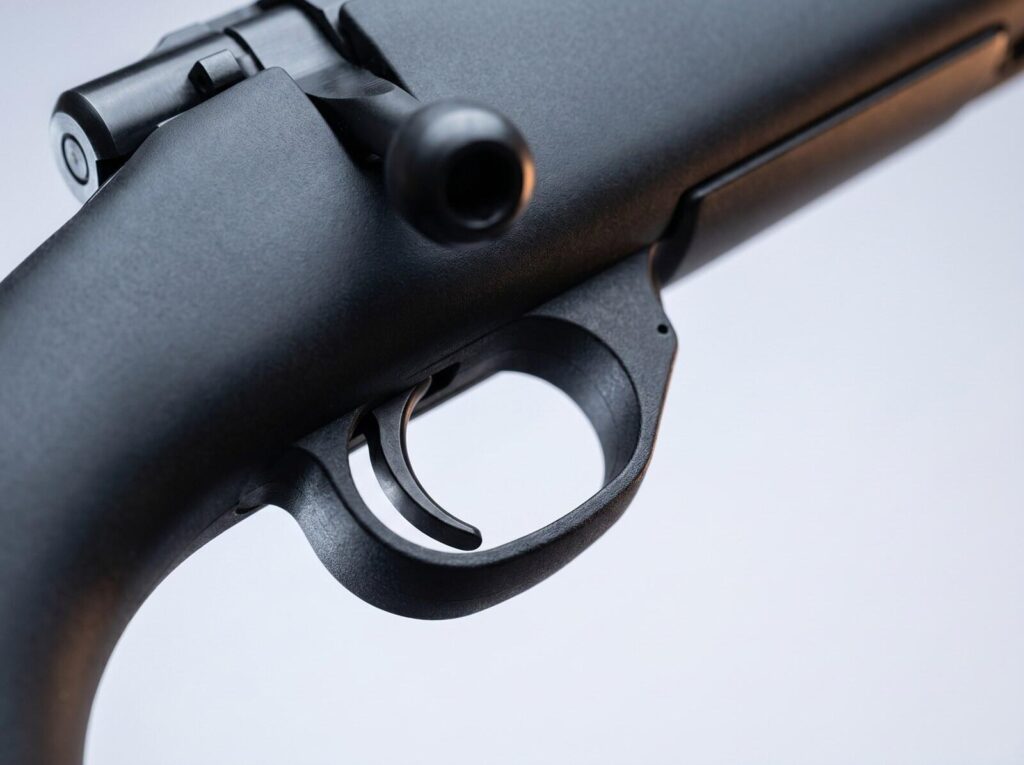 Howa 1500 Review (2026): 500 Round Test of the Hidden Gem in Budget Precision 2 Macro close-up of the Howa HACT two-stage trigger blade, trigger guard, and bolt-handle base on the Howa 1500 6.5 Creedmoor bolt-action receiver under cool studio LED lighting with subtle warm rim light from upper-right