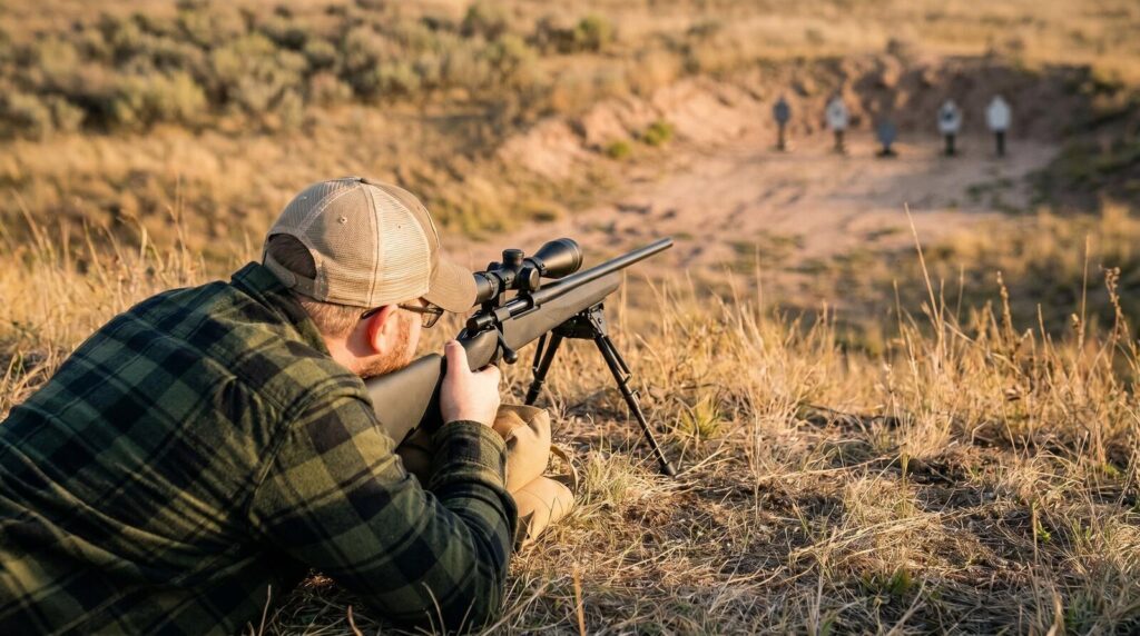 Howa 1500 Review (2026): 500 Round Test of the Hidden Gem in Budget Precision 3 Right-handed hunter in green plaid flannel and tan cap prone behind a Harris-style bipod resting on a sandbag on a prairie ridge at golden hour, glassing through a hunting scope mounted on the Howa 1500 6.5 Creedmoor bolt-action rifle with black Hogue overmolded synthetic stock at steel silhouettes 300 yards downrange