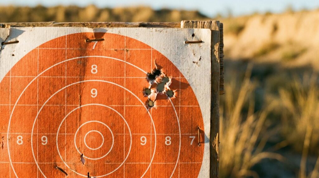 Howa 1500 Review (2026): 500 Round Test of the Hidden Gem in Budget Precision 4 Orange-and-white precision rifle paper target with measuring grid stapled to a wooden frame at an outdoor range showing a tight 1.5-inch 5-shot group clustered in the upper-right 7-8 scoring ring consistent with a Howa 1500 6.5 Creedmoor bolt-action rifle shot at 100 yards in late-afternoon outdoor light