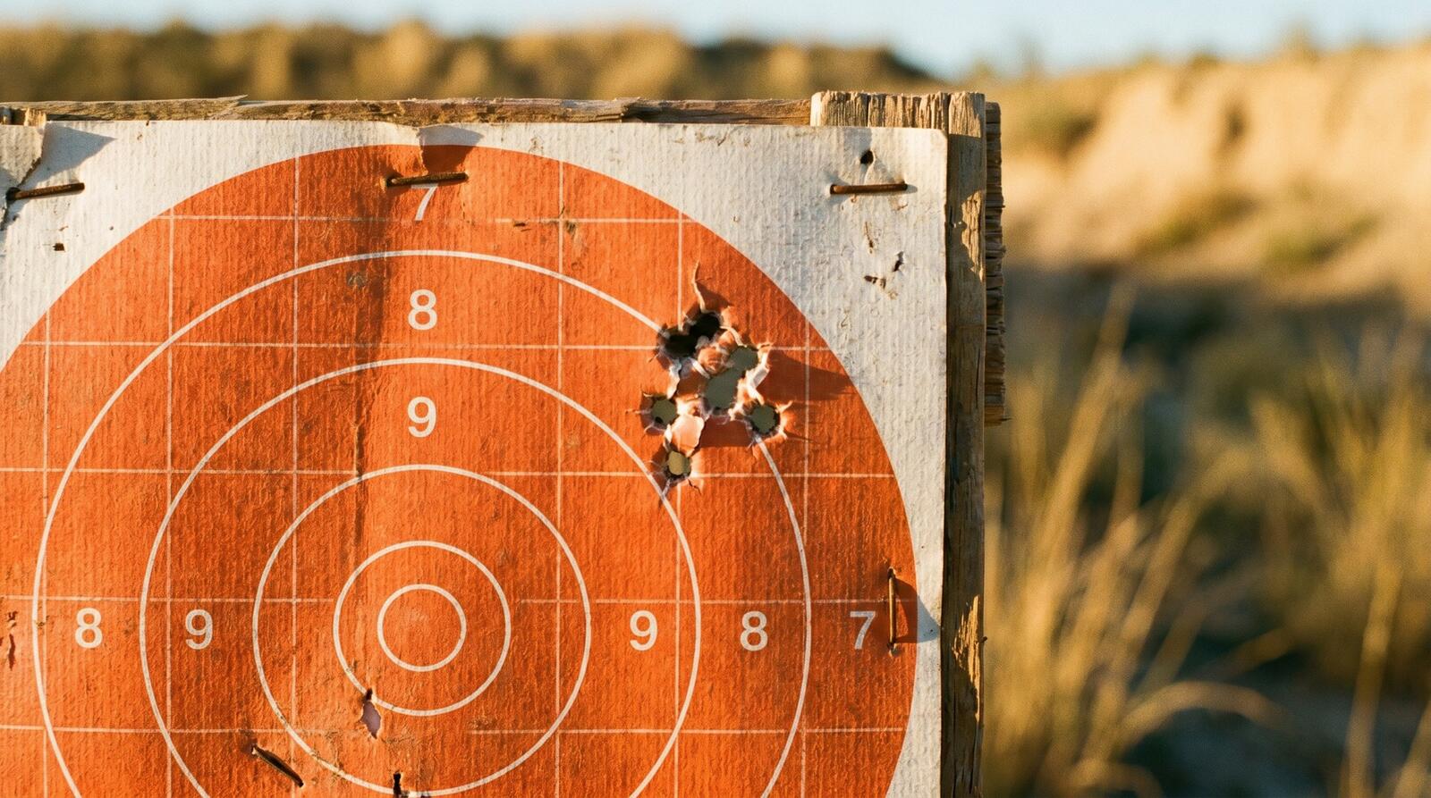 Tight five-shot group punched through the scoring rings of an orange paper target at a rifle range