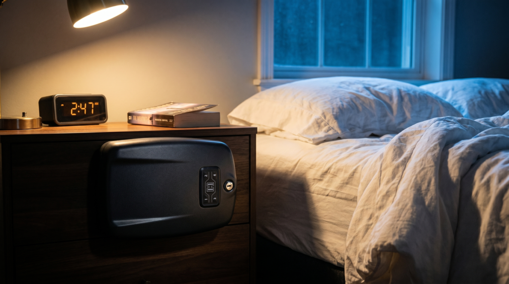 Home Defense with Kids in the House (2026): Safe Storage, Family Plans & Picks 9 Hornady RAPiD Safe with H-shaped keypad mounted to wooden bedside nightstand in parents bedroom at low evening light with alarm clock showing 2:47 AM paperback and white linens illustrating quick-access overnight storage