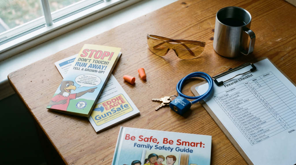 Home Defense with Kids in the House (2026): Safe Storage, Family Plans & Picks 10 Flat-lay of firearm safety education materials on pine kitchen table including Eddie Eagle pamphlet ear protection safety glasses Project ChildSafe cable lock and checklist illustrating family safety preparation