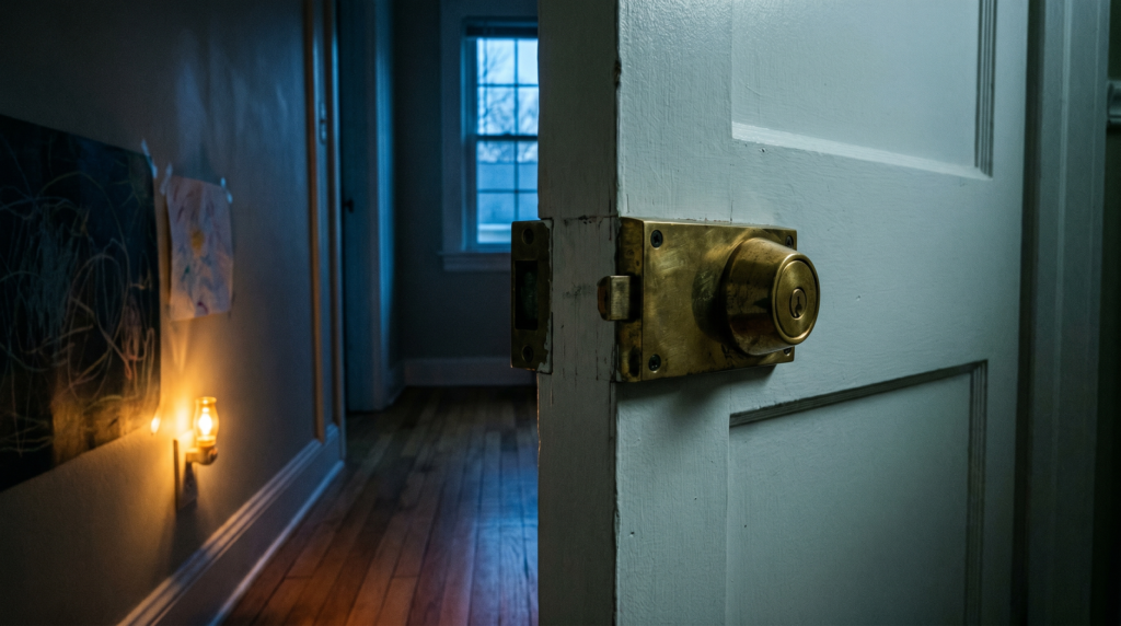 Home Defense with Kids in the House (2026): Safe Storage, Family Plans & Picks 11 Reinforced residential bedroom safe-room door viewed from outside hallway at night with heavy duty brass deadbolt reinforced strike plate and warm amber nightlight illustrating defensive positioning in a family home