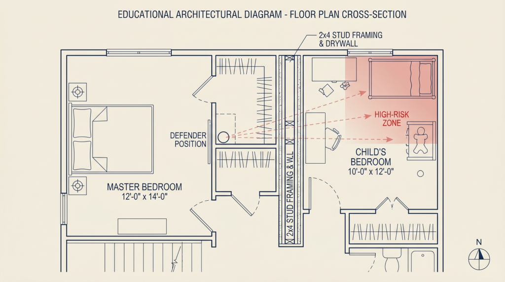 Home Defense with Kids in the House (2026): Safe Storage, Family Plans & Picks 12 Educational architectural floor plan cross-section showing master bedroom and adjacent childs bedroom with defender position bullet path arrows and high-risk zone marked on the shared interior wall illustrating overpenetration risk