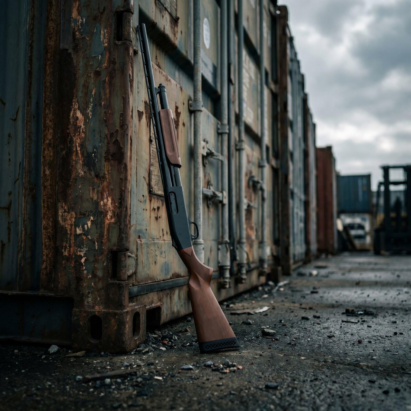 Mossberg 500 shotgun against rusty shipping containers