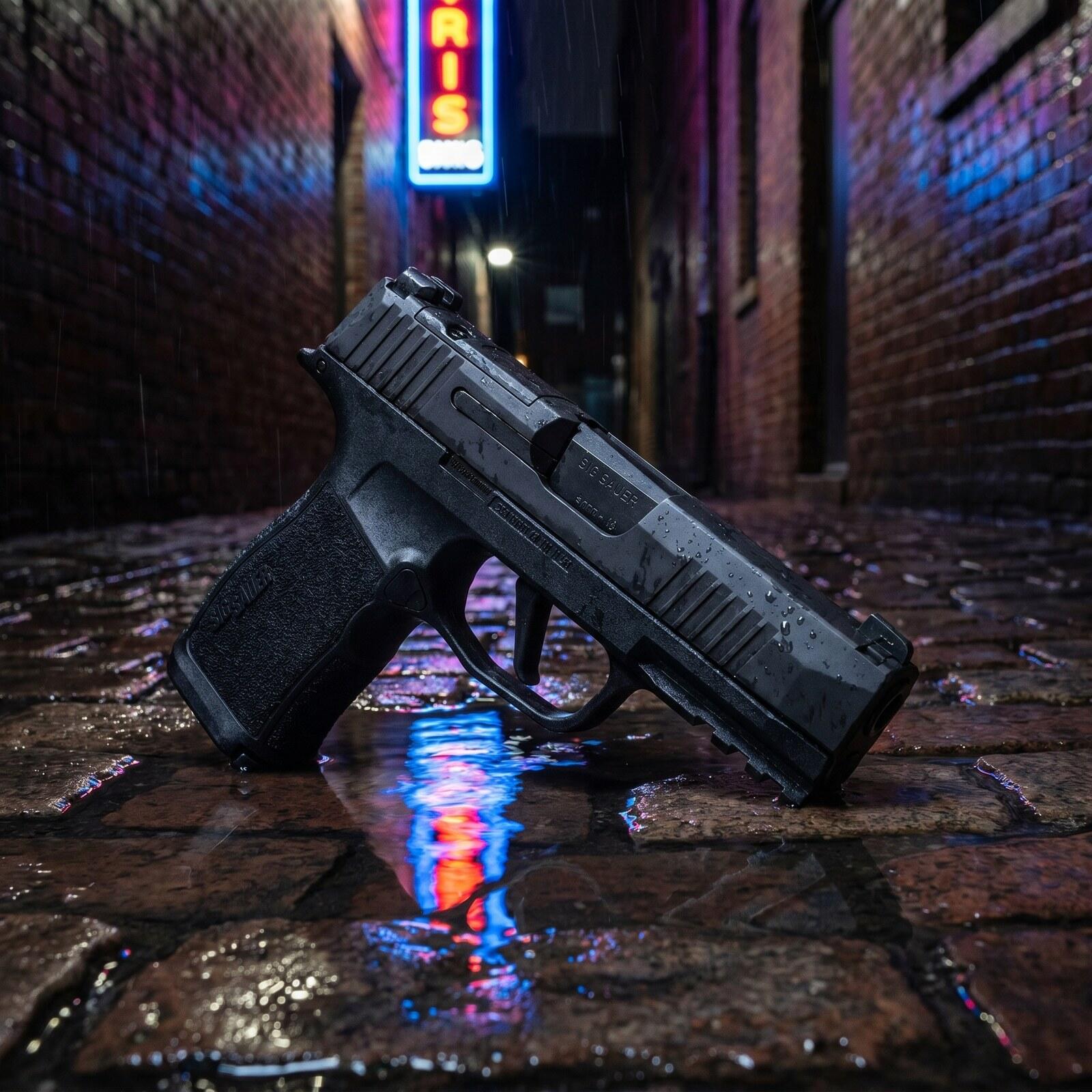 Sig Sauer P365-XMacro Review: 1,200 Rounds With 17+1 Capacity (2026) 9 Sig Sauer P365-XMacro pistol in a rain-soaked alley