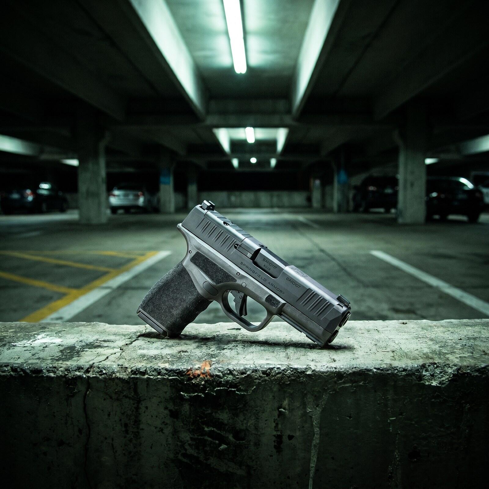 Springfield Hellcat Pro Review: 1,200 Round Hands-On Test (2026) 7 Springfield Hellcat Pro pistol in a parking garage