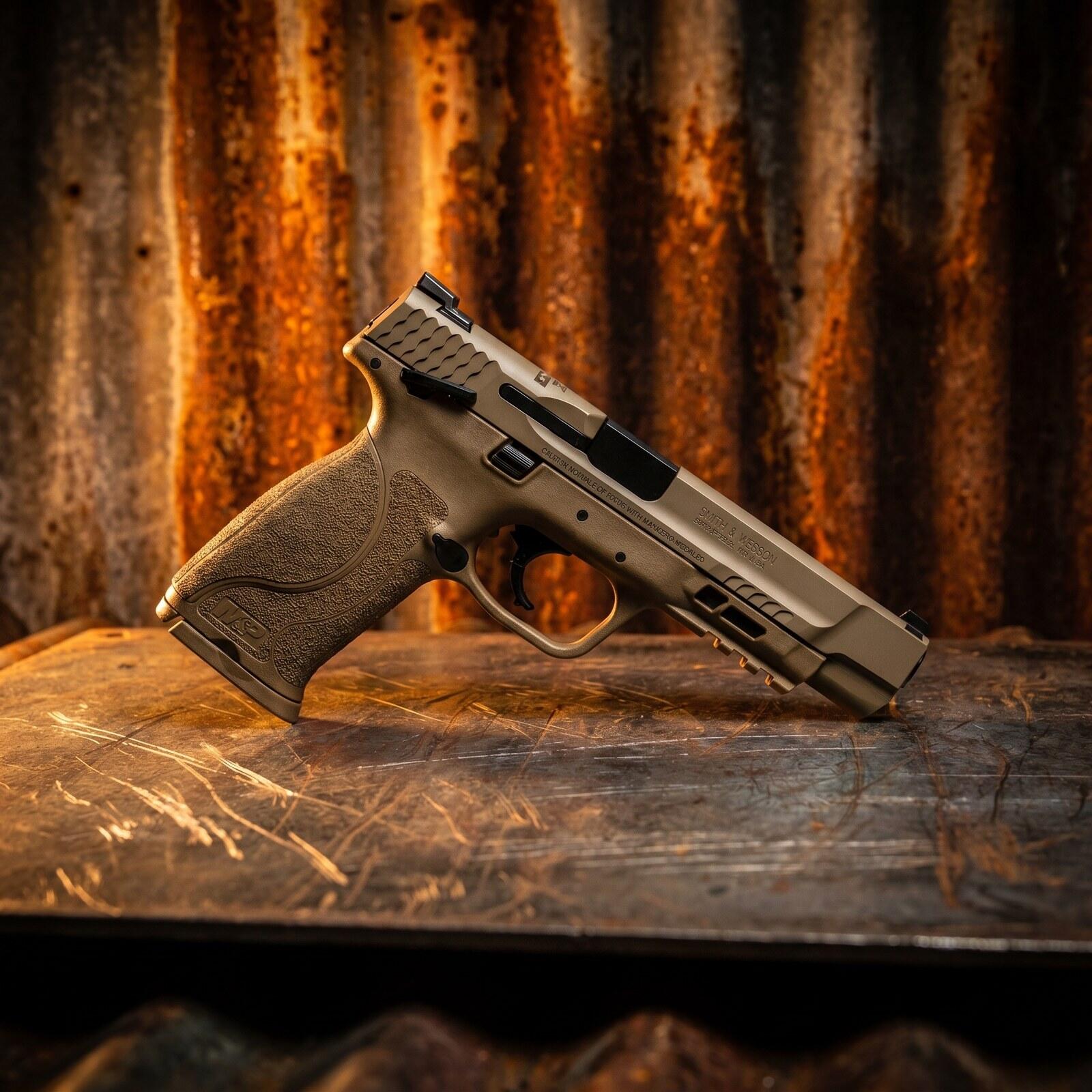 Smith & Wesson M&P 2.0 Compact Review: 1,200 Round Test (2026) 8 Smith & Wesson M&P 2.0 Compact pistol against rusted metal